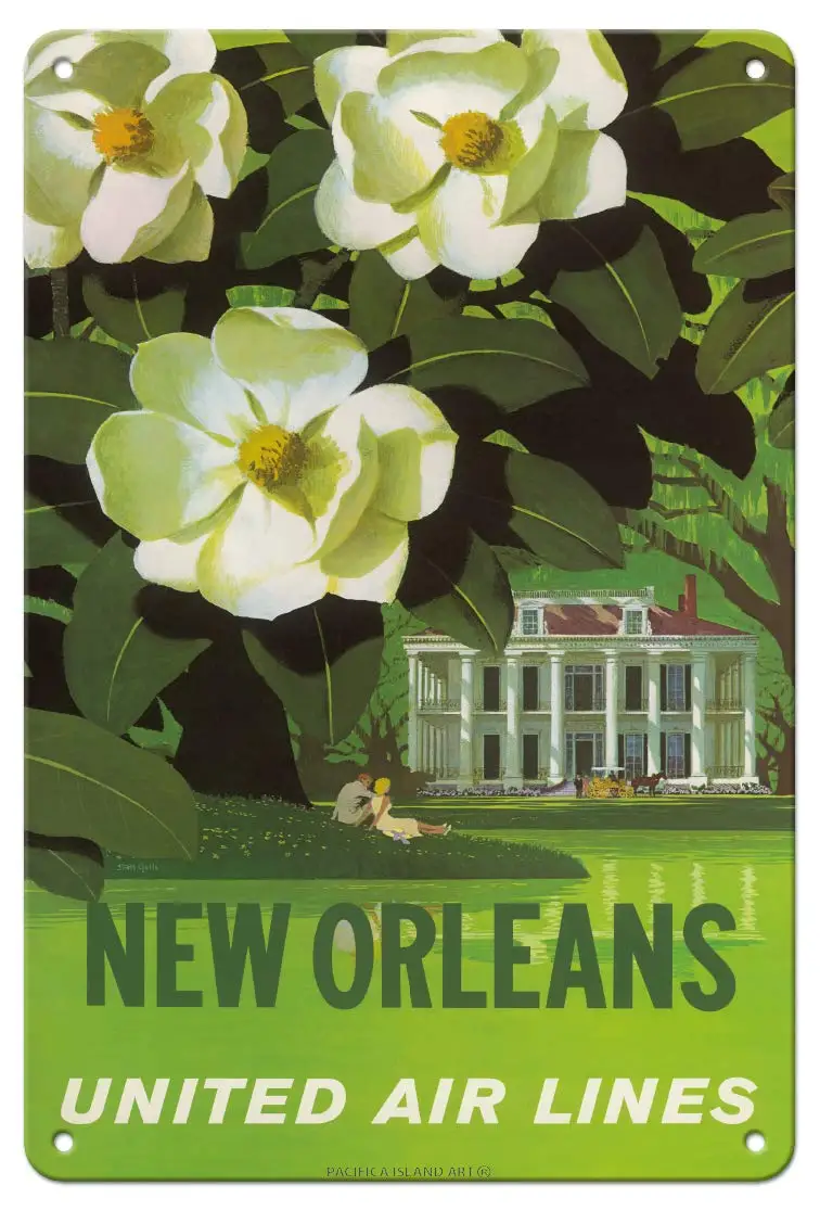 New Orleans USA - Magnolia Blossoms - Louisiana State Flower - United Air Lines - Vintage Airline Travel Poster by Stan Galli c.