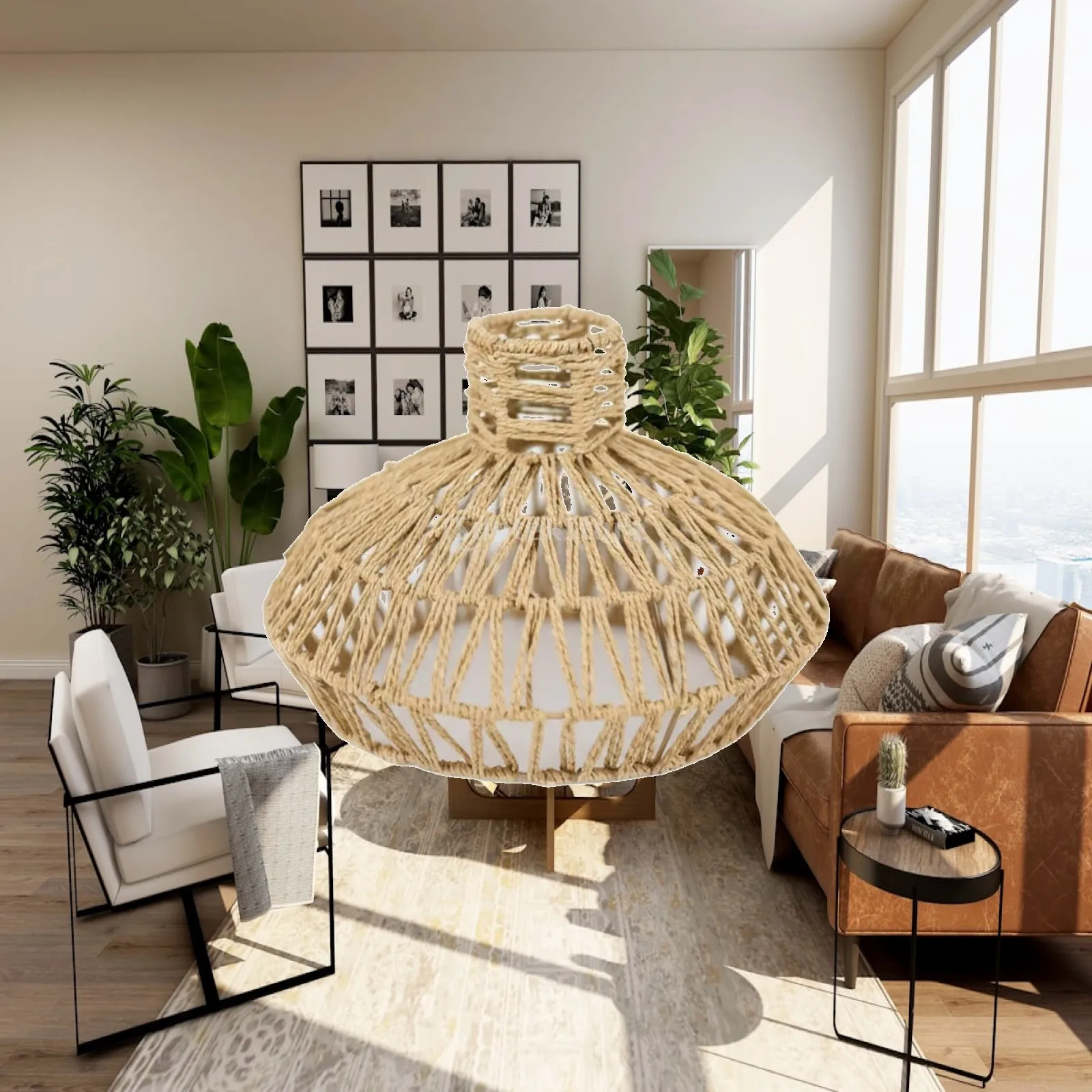 Handwoven Paper Rope Ceiling Pendant Lamp Shade Natural Fiber Lampshade for Hanging Light Rustic Boho Decor for Kitchen Dining
