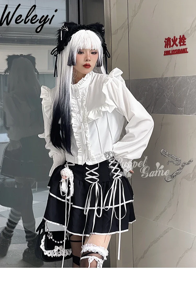 Chemise blanche à volants à manches longues pour filles, tenues gothiques, jupe courte bandage, style punk japonais, gâteau d'automne, ensemble 2 pièces, élégant, 2024