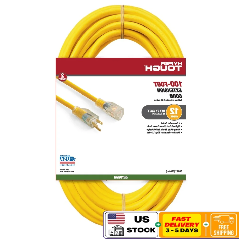 

100ft 12Gauge Heavy Duty Extension Cord Lighted End Indoor Outdoor Safe Power Tools Generators Equipment Durable Vinyl