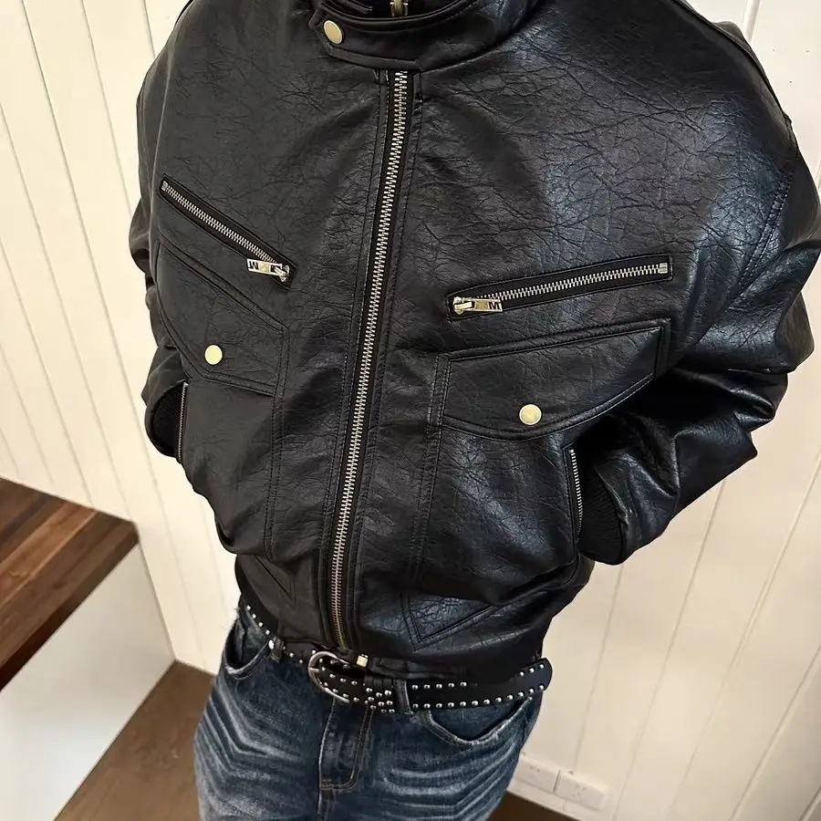 American Retro PU Leather Locomotive Jacket Short Women's Splicing Silhouette Tooling Zipper Jacket