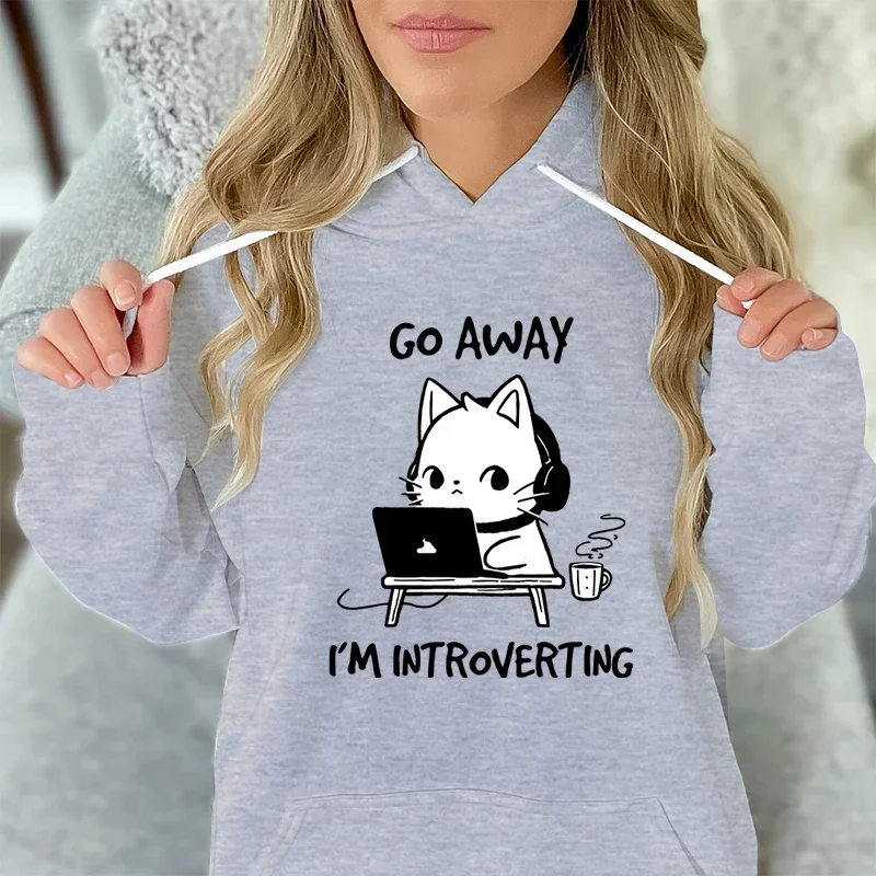 Fashion Hoodie Cartoon Go Away I’m Introverting Cute Cat Women Hoodies Fashion Casual Round Neck Hooded Pullovers Sweatshirt Top