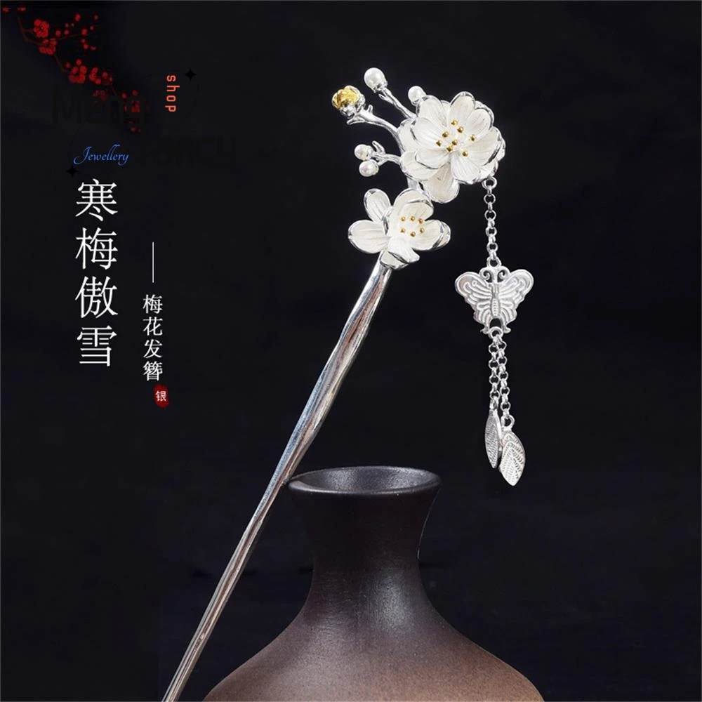 S925 Sterling Silver Plum Blossom Tassel Hairpin Natural Pearl Chinese Ancient Style Exquisite High-grade Luxury Fashion Jewelry