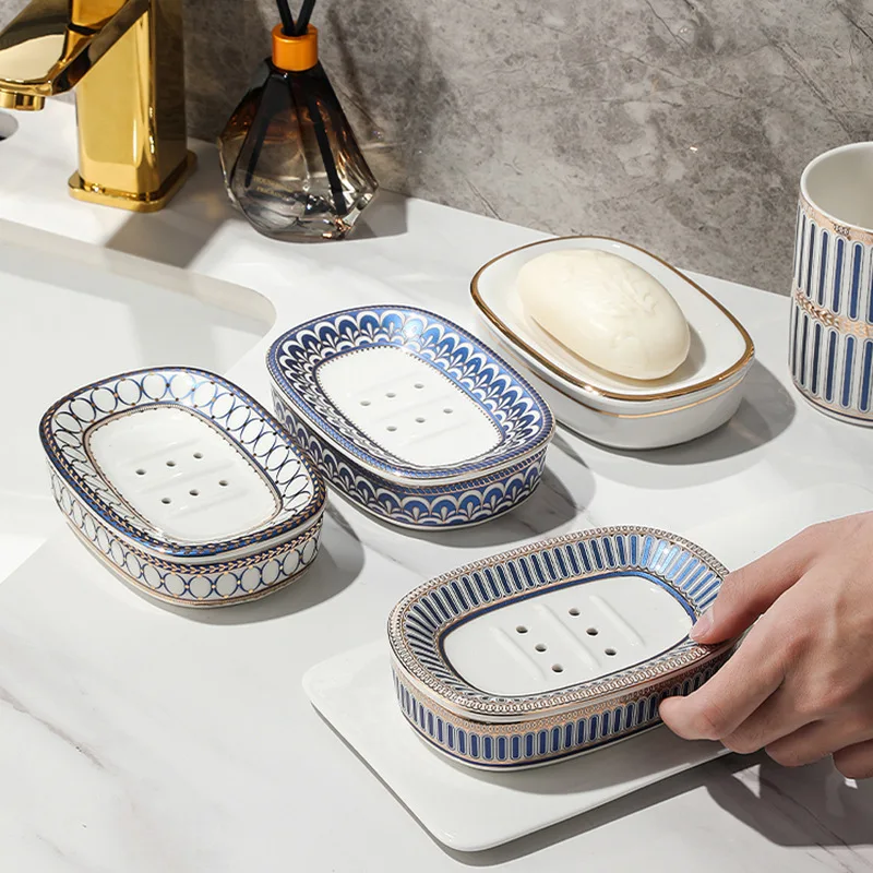 Simple Irregular Stripes Perforated Soap Box Luxury Ceramic Household Drain Soap Dish Washstand Gargle Cup Bathroom Accessories