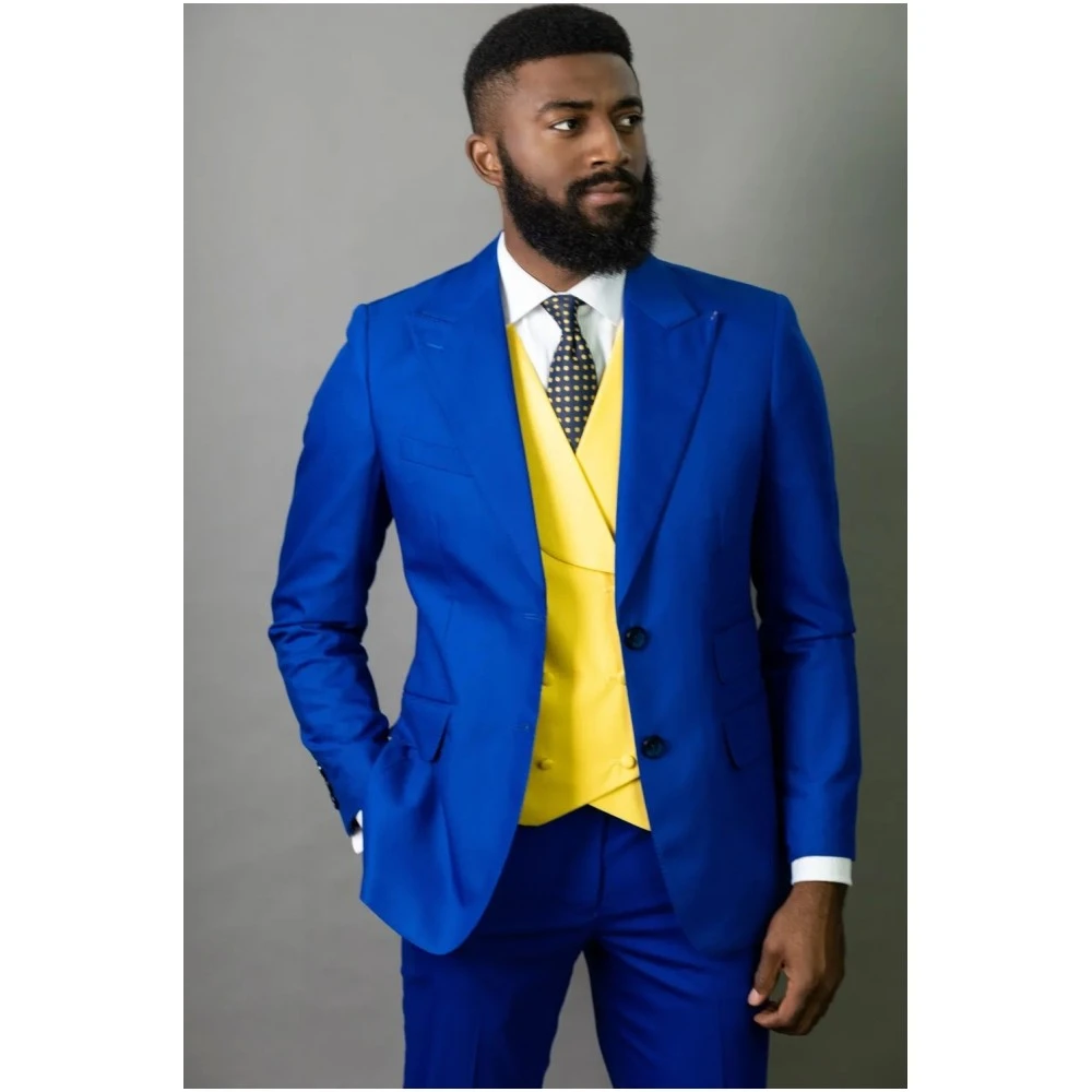 

Royal Blue Men Suits With Yellow Vest 3 Pcs Wedding Groom Costume Homme Business Blazer Sets Jacket+Pant+Vest