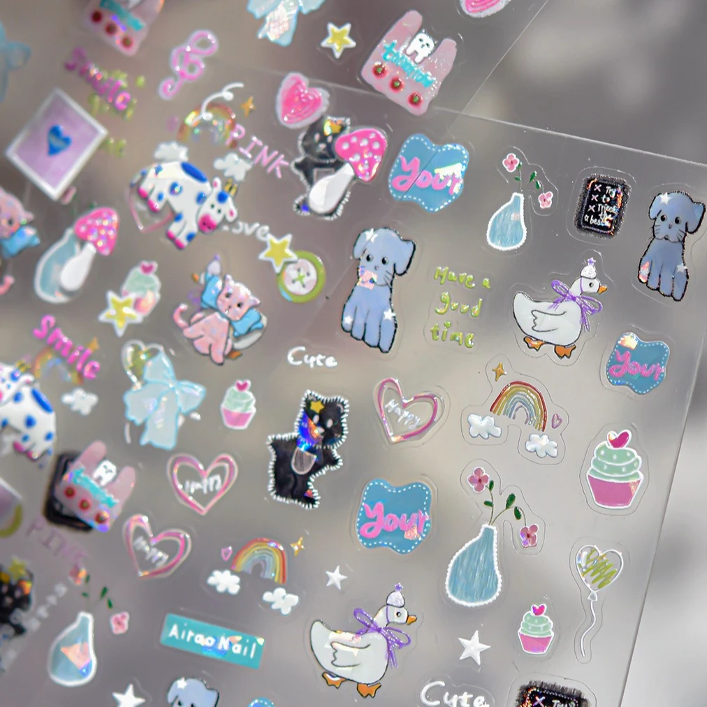 Patch cane mucca gatto bowknot nota stella cuore fungo anatra pulsante torta palloncino arcobaleno nuvola adesivi per nail art decalcomanie per manicure fai da te
