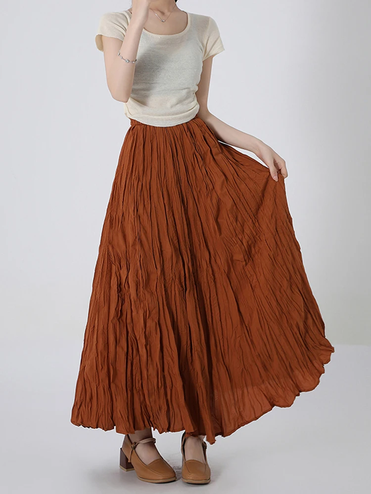 

New Casual Skirt For Women Solid Folds A Line Big Swing Elastic waist Long Skirts Female Spring Summer Clothing