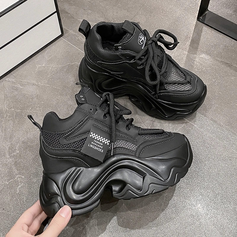 Women High Platform Sneakers New Summer 9.5CM Wedge Heels Thick Sole Leather Shoes Autumn Breathable Mesh Chunky Sneakers Woman