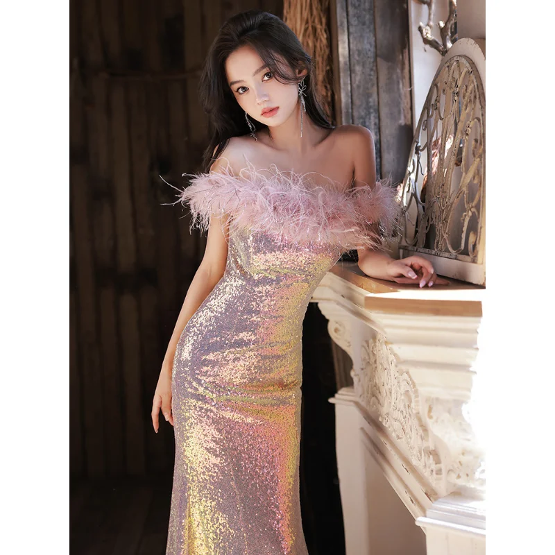 

Pink Bling Bling Off the Shoulder Formal Dress Feather Sequined Party Gown Trumpet Long Evening Dresses فساتين مناسبة رسمية