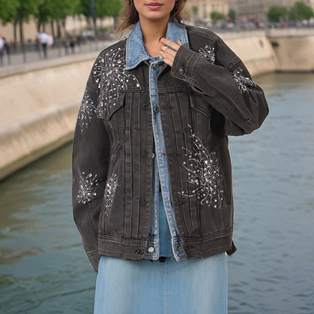 TWOTWINSTYLE Hit Color Cowboy Spliced Printing Jackets for Women Lapel Long Sleeves Patchwork Single Breasted Jacket Female New