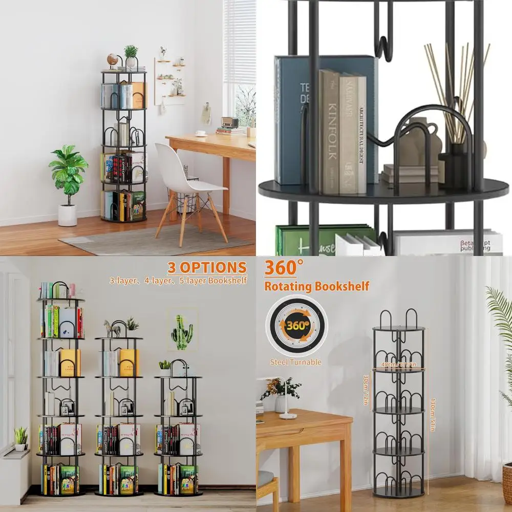 

Compact 4-Tier Rotating Book Tower for Corner Spaces - Black, Ideal for Home and Office