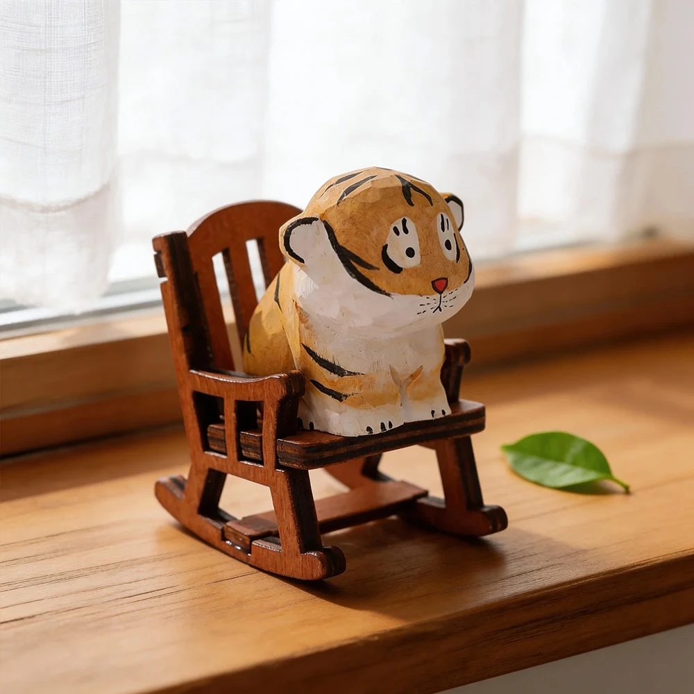 Cute Handmade Decorative Wooden Tiger Figurine Mini Animal Ornament Statue Carving Home Room Desktop Accessories Decor Gift view 6