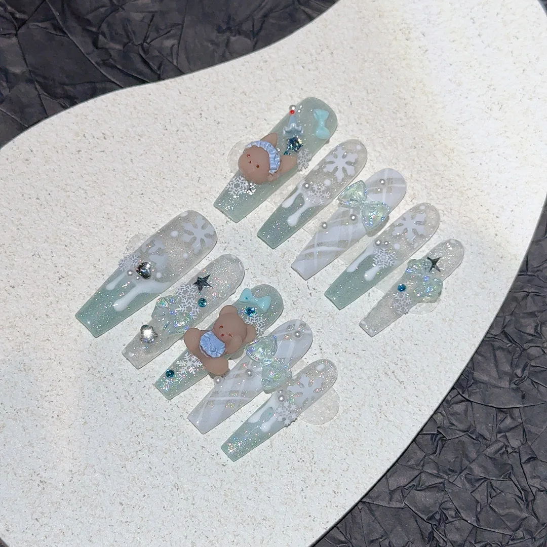 10 pièces à la main longue ovale presse sur ongles avec ours mignon bleu arc conception faux ongles portable filles douces brillant oeil de chat faux ongles