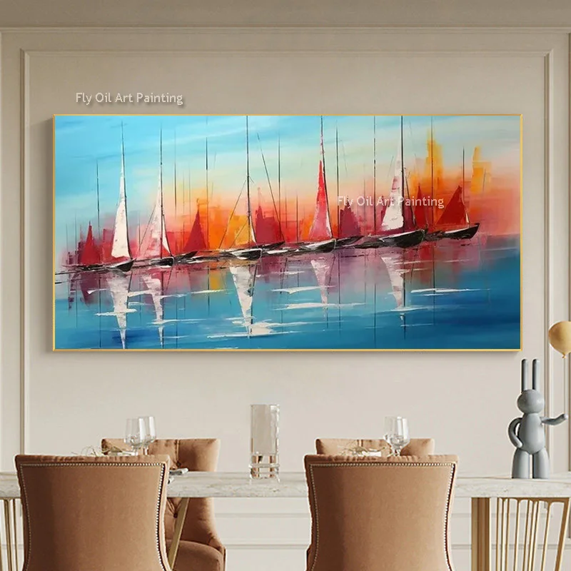 Thick Texture Handmade Coastal Sailboat Painting, Blue Orange Sunset Reflection Canvas, Restaurant Wall Decor