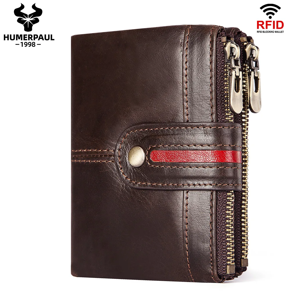 100% Genuine Leather Mens Casual Wallet RFID Blocking Credit Card Holder with Zipper Coin Pocket Short Male Clutch Money Bag