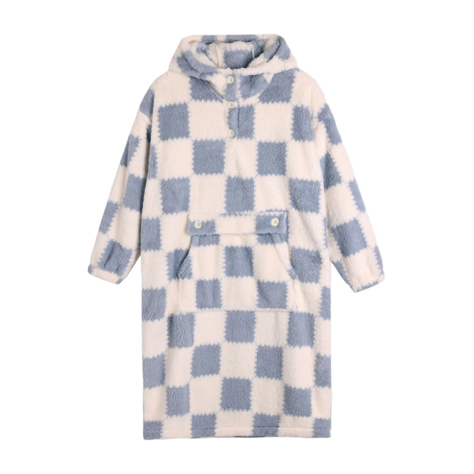 Women Flannel Robes Sleepwear Checkered Hooded Bathrobe Kimono Robe With Pocket Winter Keep Warm Pajamas Loose Home Clothes