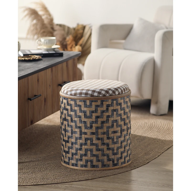 Bohemian Style Bamboo and Cloth Stool High Stool for Indoor Outdoor Decor Natural Living Room Furniture Wholesale