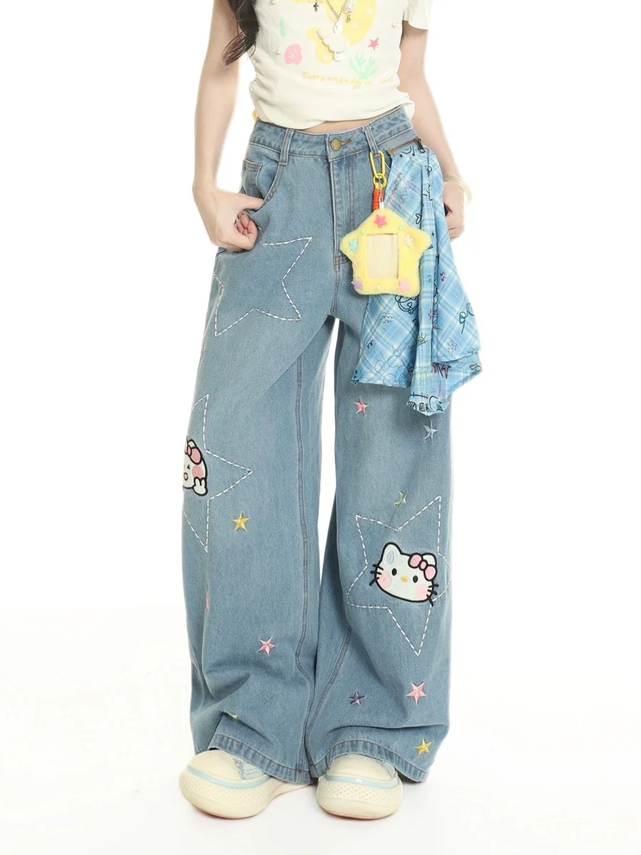 

American Style Embroidery Plaid Star Denim Pants Women's Loose Slim High Street Casual Long Trousers Summer New Arrival