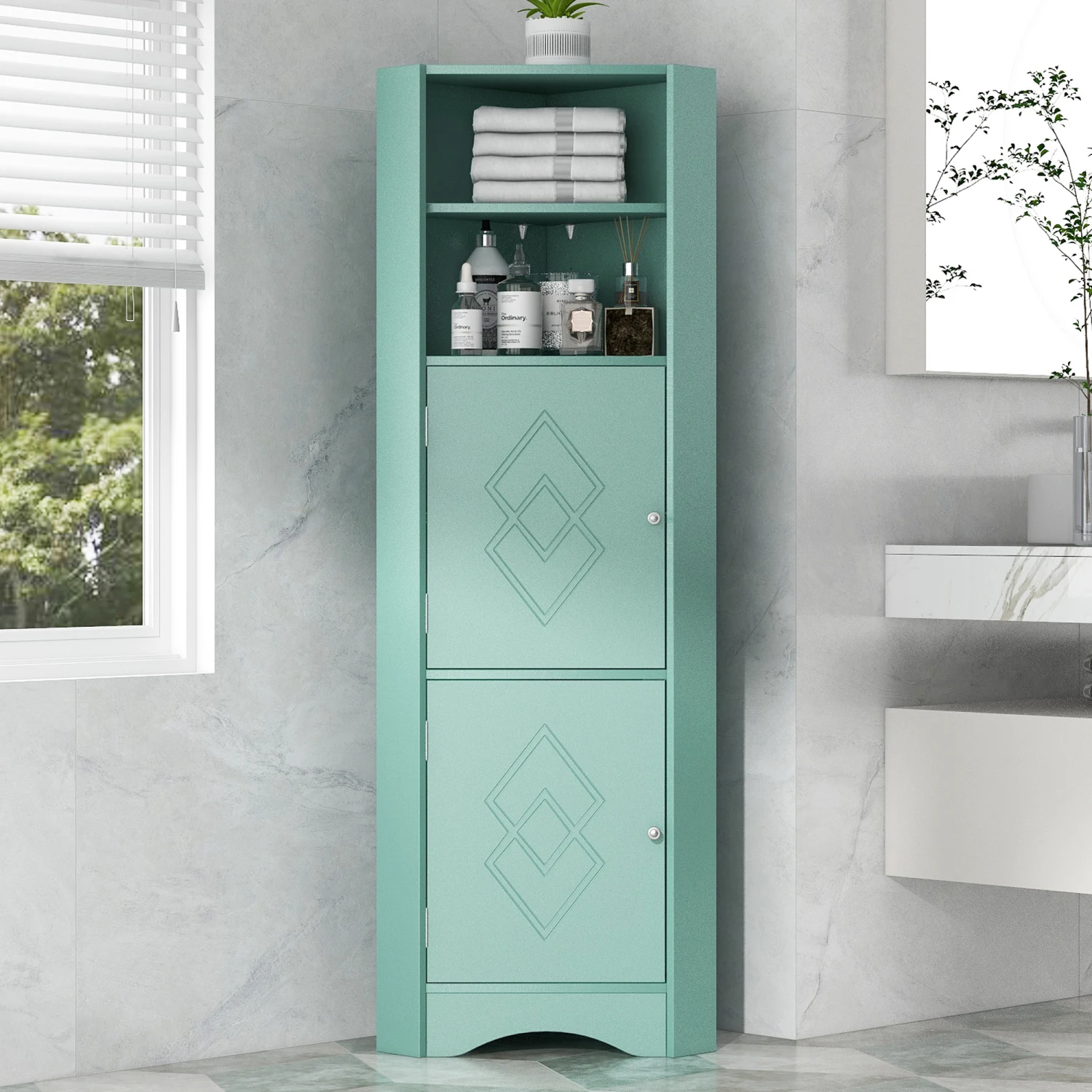 Bathroom Corner Cabinet with Doors & Adjustable Shelves, MDF, Green