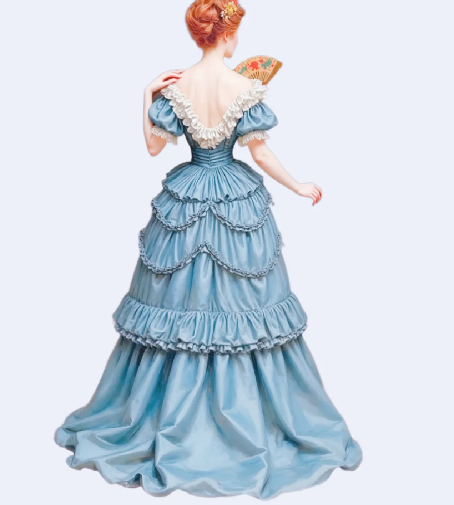 Luxuriöses aristokratisches viktorianisches Abendkleid mit kurzen Ärmeln, gestuftes mittelalterliches 1860-Abschlussballkleid, rückenfrei, formelle Zeremonienparty