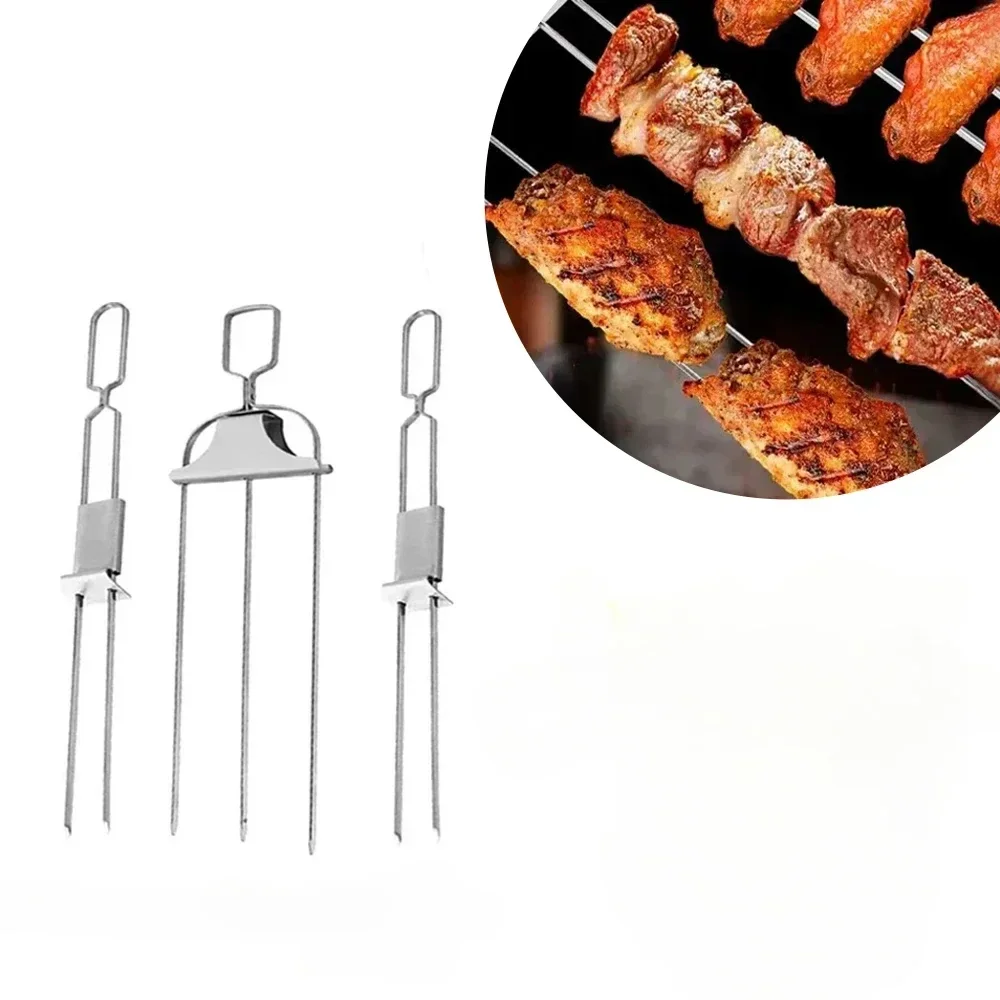 Shrimp Skewers for Grilling, 3-way Kebabs, Stainless Steel, Reusable Semi-automatic Barbecue Forks, 2-way Kebabs, Kitchen Tools