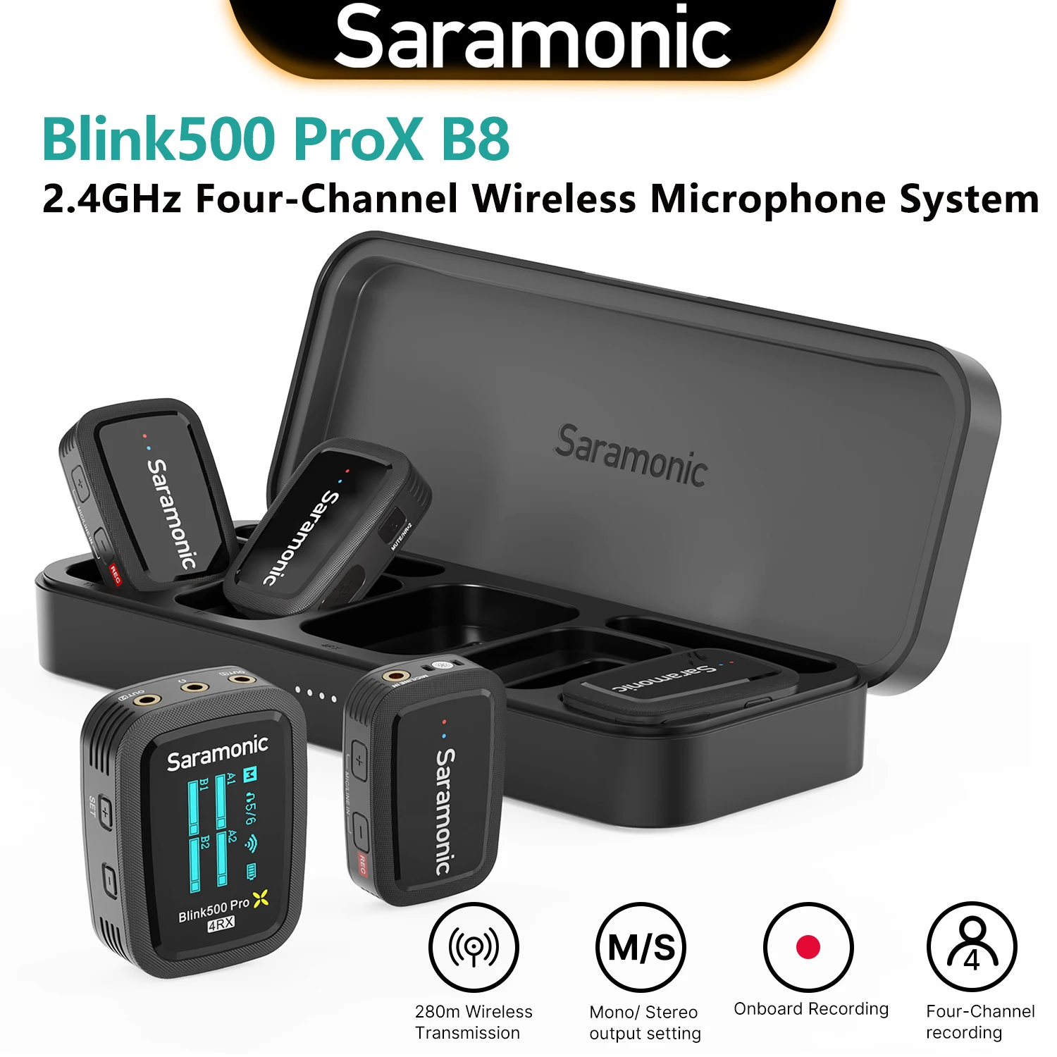 

Saramonic Blink500 ProX B8 Four-Channel Wireless Lavalier Microphone for iPhone Type-C Smartphones with On-Board Recording Vlog