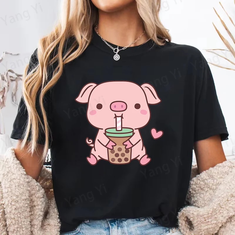Trendy Urban Streetwear Men Woman Shirt Fashion Unisex T-shirt Cute Little Pig Drinking Pearl Milk Tea Print Designed Girl Top