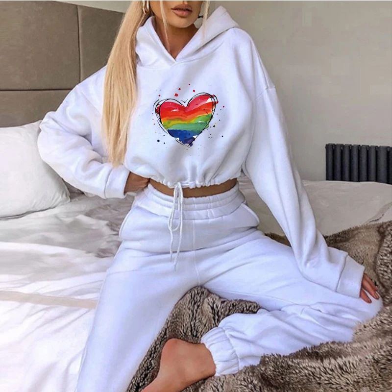 

Spring And Autumn Women Print Conjunto Moletom Feminino Fleece Sportswear Long-Sleeved Hooded Sweater With Pockets Trouser Suit