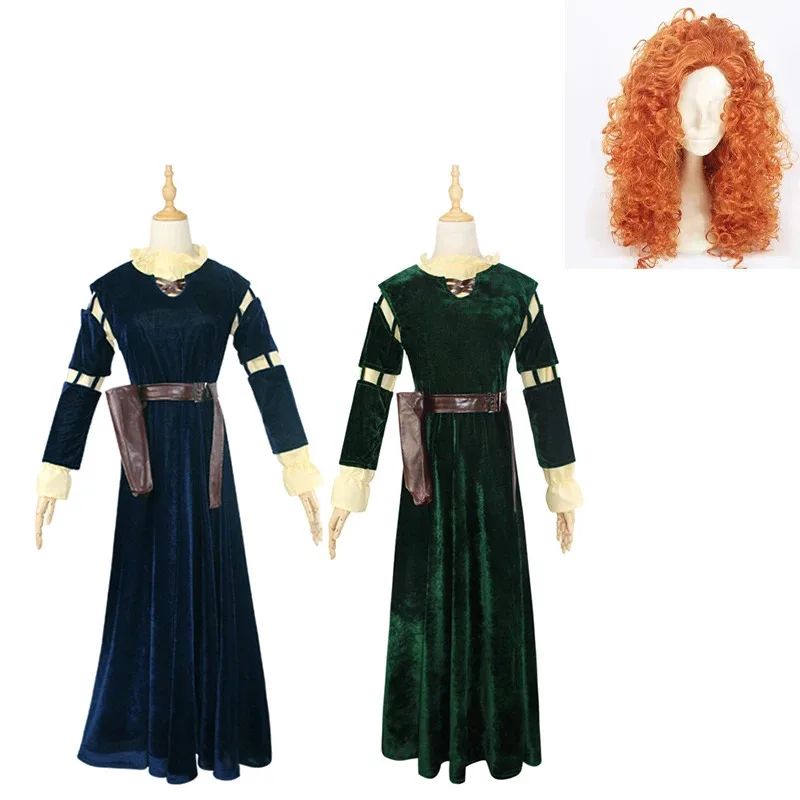 Película Brave legend Cosplay Mérida vestido de princesa peluca Top conjunto completo traje de mujer adulta disfraz de fiesta de Carnaval de Halloween