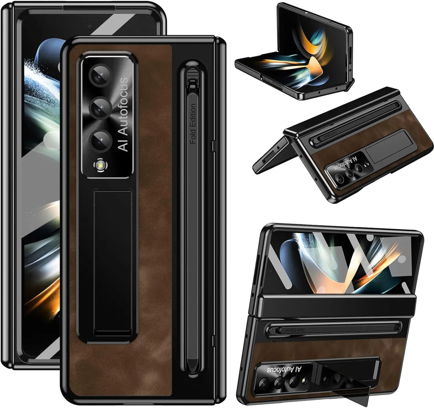 Z Fold 4/5 Case - Leather Soft Touch Case with Kickstand, Lens Protection, S Pen Holder, Hinge Protection, and Screen Protector