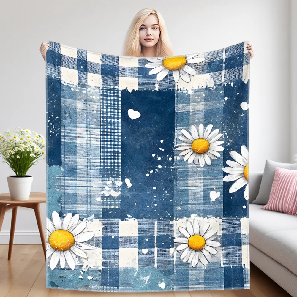 Blue Plaid Daisies Four Season Flannel Blanket, Soft Plush Skin Friendly Sofa Blanket, A Great Gift Item