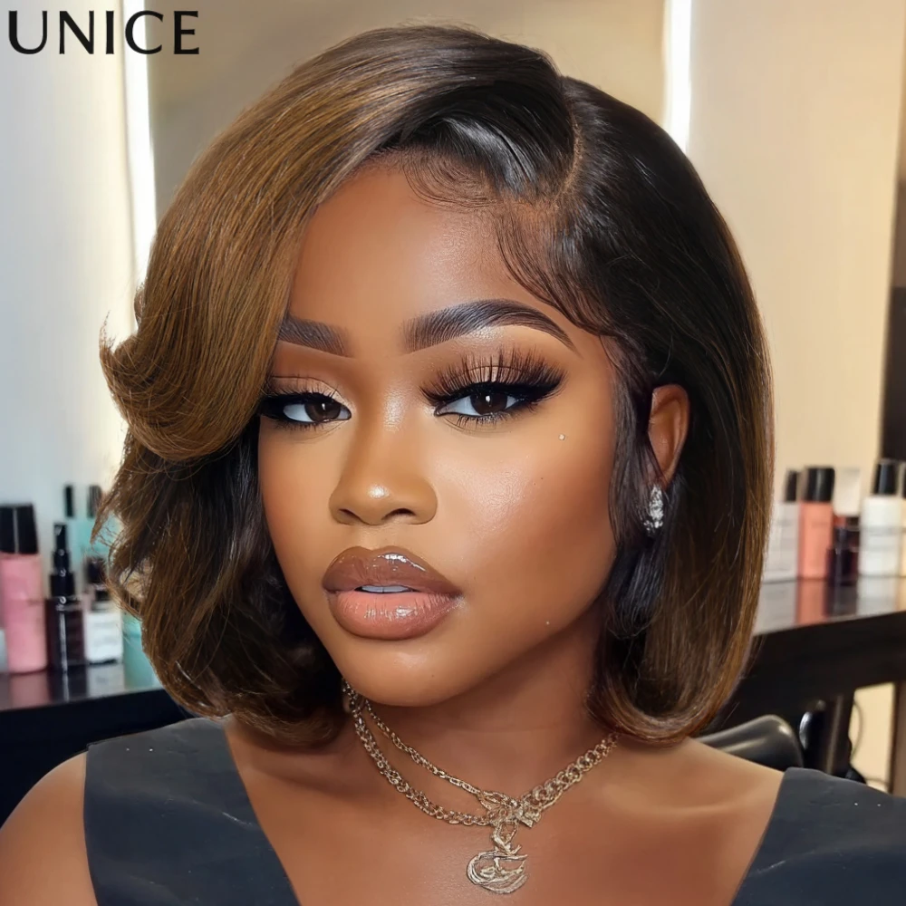 UNice 7x5 Bye Bye Slip™ Lace Ombre Brown Side Part Blowout Bob Wig with Invisi Drawstring Pre Cut Pre Bleached Pull On & Go Glueless Human Hair Wig