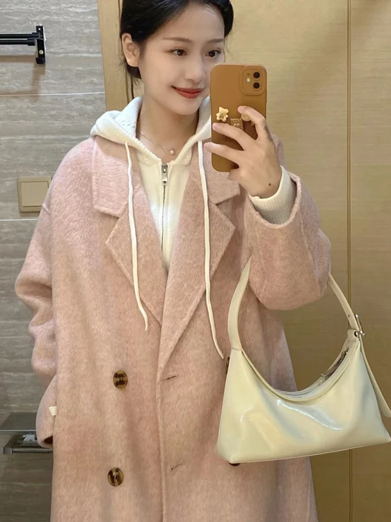 

Double-Faced Camere Woolen Coat Pink Loose Fit Women's Korean Sle Commute Faion Autumn Winter Clothes Slimming Outerwear