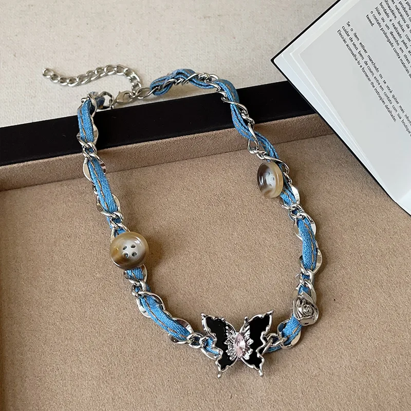 

Minar Hip Hop Black Enamel Butterfly Pendant Necklaces for Women Blue Denim Cloth Chunky Hollow Link Chain Twist Knitted Choker