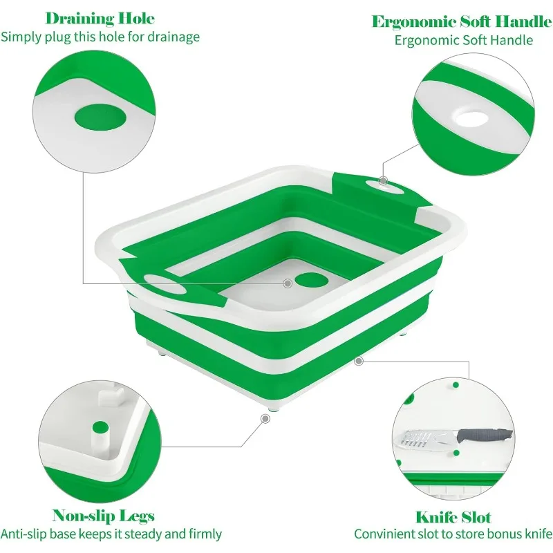 لوح تقطيع قابل للطي، لوح تقطيع قابل للطي مع مصفاة، سلة غسيل خضروات المطبخ متعددة الوظائف، طبق من السيليكون