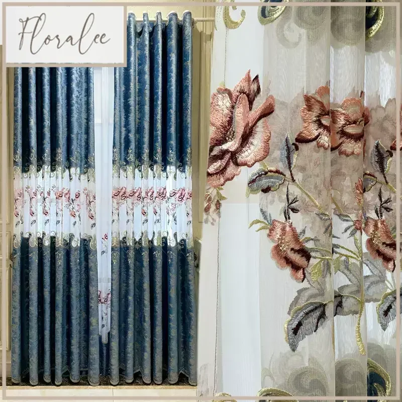 Customized Blue Hollowed Out Embroidery Window Screen Gilded Flannelette Curtains For Living Room Balcony Bedroom French Window