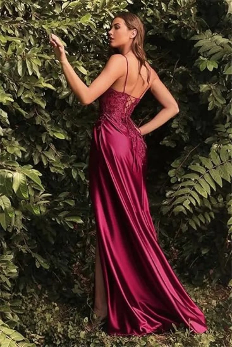 Women\'s Satin Appliques Prom Dresses with High Slit V Neck Mermaid Evening Gown Formal Party Dress