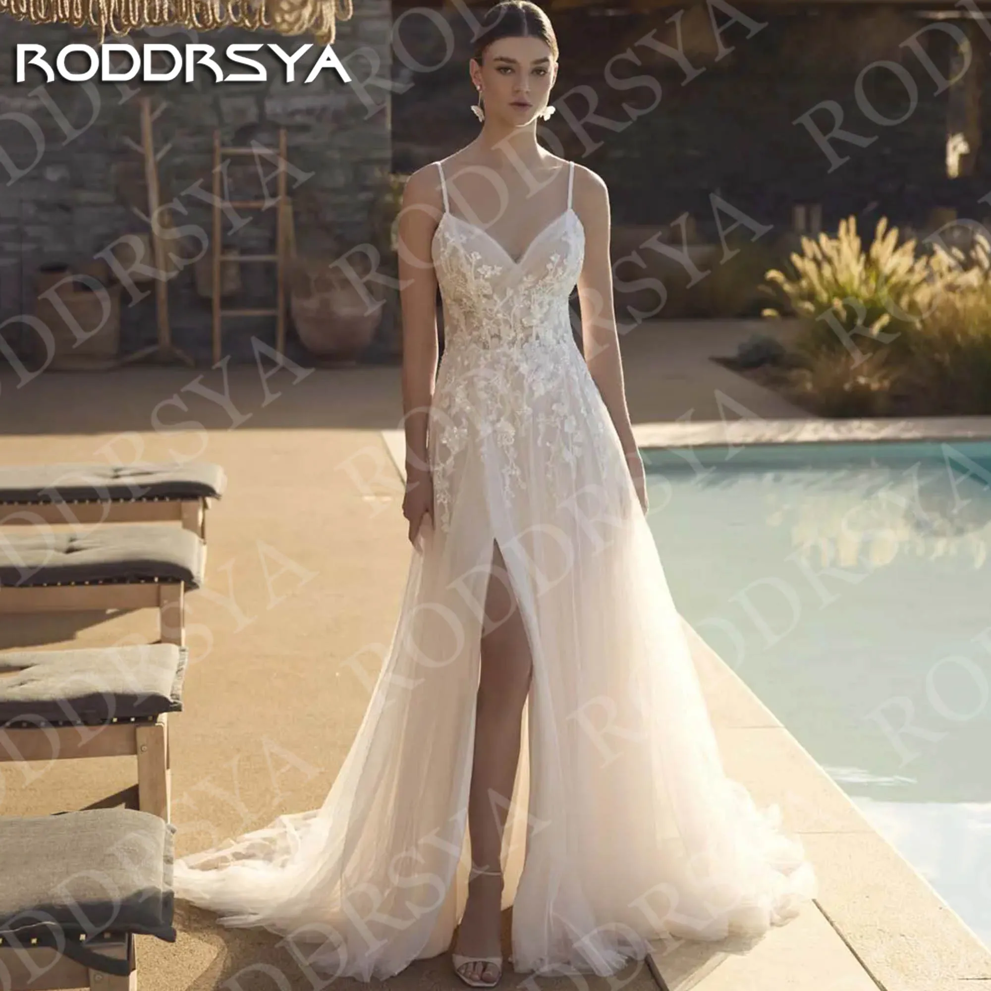

RODDRSYA Spaghetti Straps Wedding Dress V Neck Lace Appliques Romantic Beach High Slit Tulle Bridal Dresses Open Back Customized