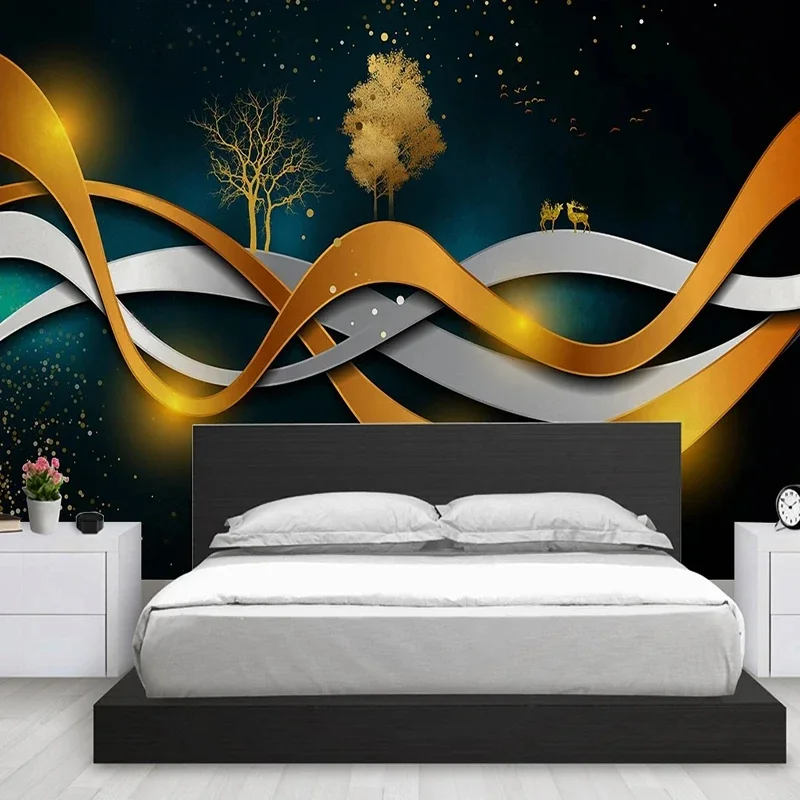 Custom Any Size Modern Embossed Golden 3D Geometric Lines Art Fresco Wall Paper Bedroom Background Decorative Mural Wallpaper