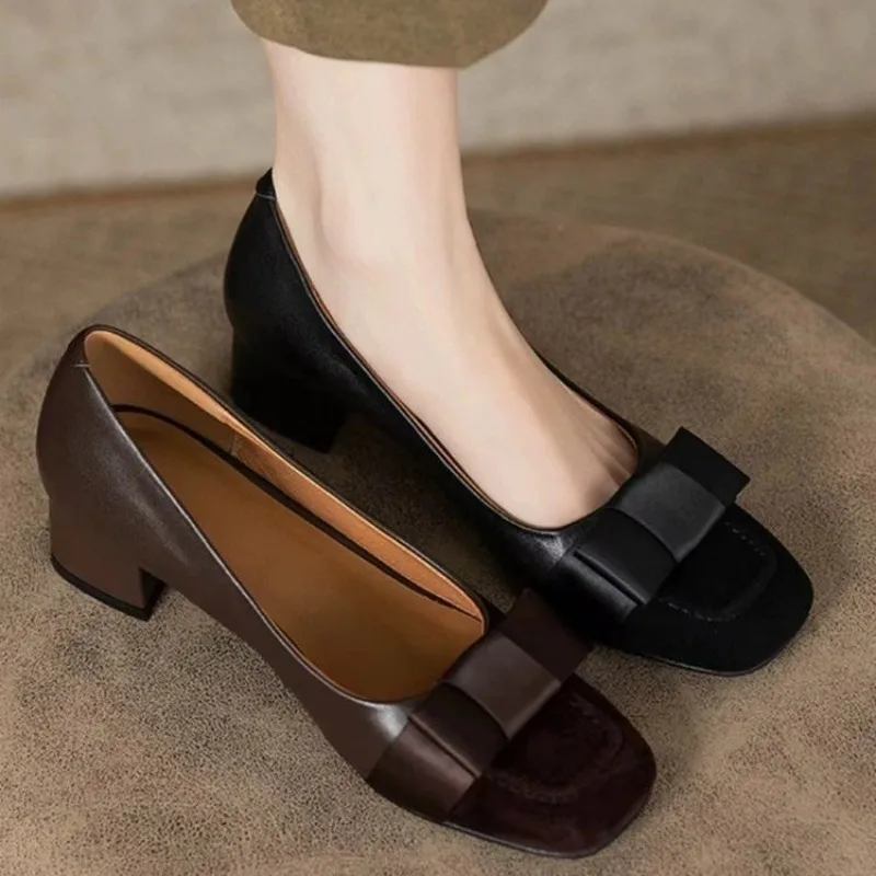 

New Fashion Square Head Shallow Bow Tie Single Shoes for Women Comfortable Apricot Thick Heels Ladies Shoes Zapatos Mujer