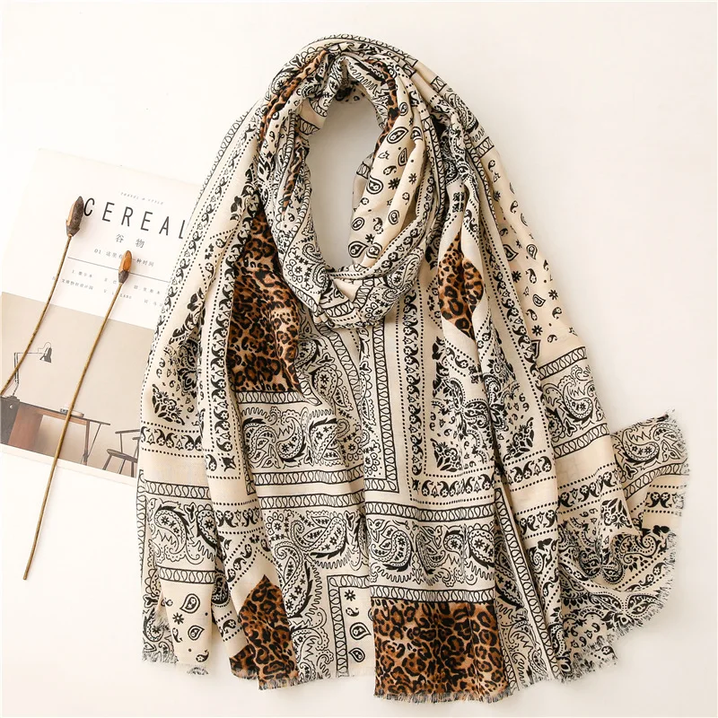 

New Women's Cotton Linen Feel Scarf Paisley Leopard Print Tassel Herringbone Sun Protection Travel Shawl