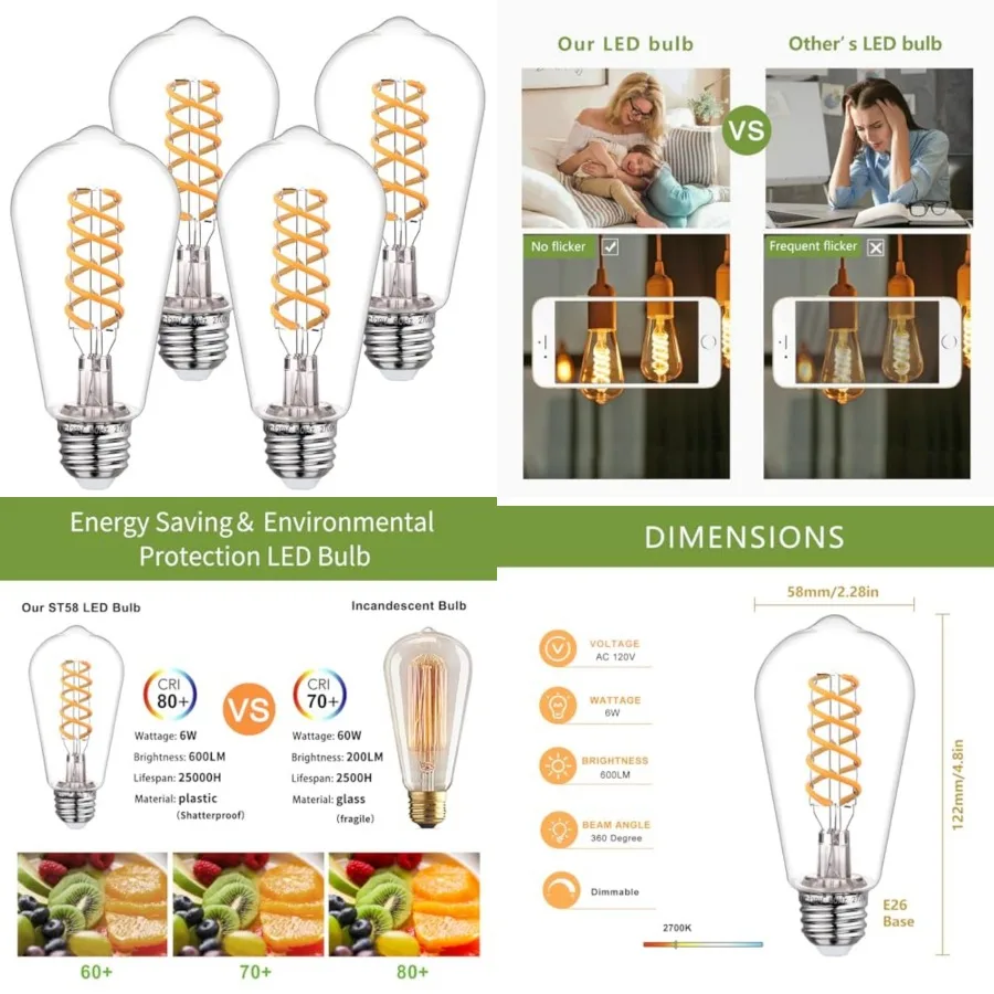 

ST19 ST58 Vintage Edison LED Light Bulbs, Dimmable 6W Decorative Antique Bulb Equivalent 60W, Warm White, 600LM, E26 Base Bulb