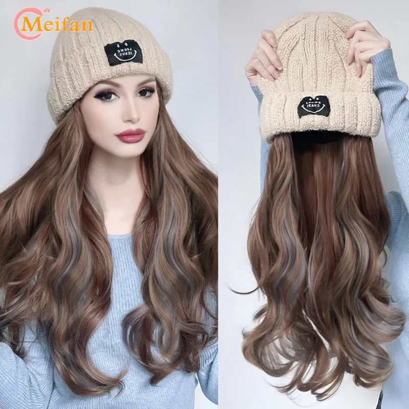 MEIFAN Winter Warm Knitted Hat Wig Integrated Long Water Wave Curly Hairpiece Korean Trendy Warm Versatile Hat Wig for Women