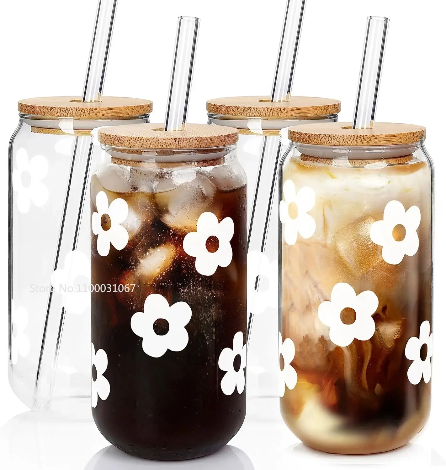 Mason Life Copos de vidro com tampas e canudos, Copo de café gelado, Copo reutilizável Boba copos, Conjunto de 4