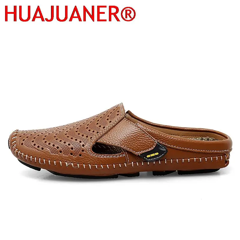 New Genuine Leather Men's Slippers Summer Breathable Casual Mules Light Half Shoes For Men Outdoor Anti-slip Driving Loafers Man