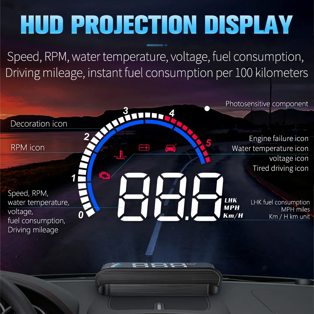 M13 Car OBD Speed Projector for HUD Portable LCD Head Up Display Water Temp KMH MPH RPM Overspeed Alarm OBD2 onboard computer view 2