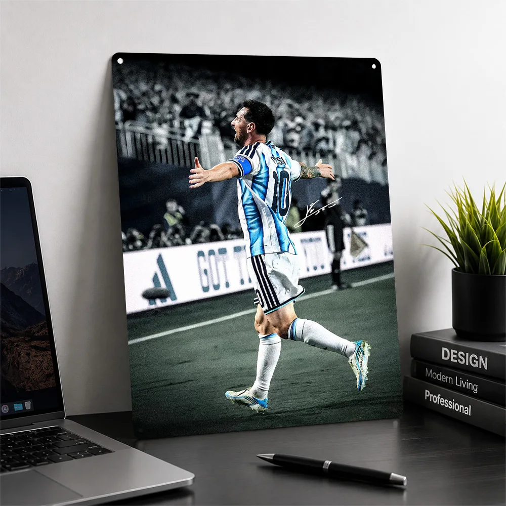 Lionel Messi Celebrating Goal 3D Printed Texture Poster Personalized Wall Art Retro Metal Tin Signs for Garage Accessories Room
