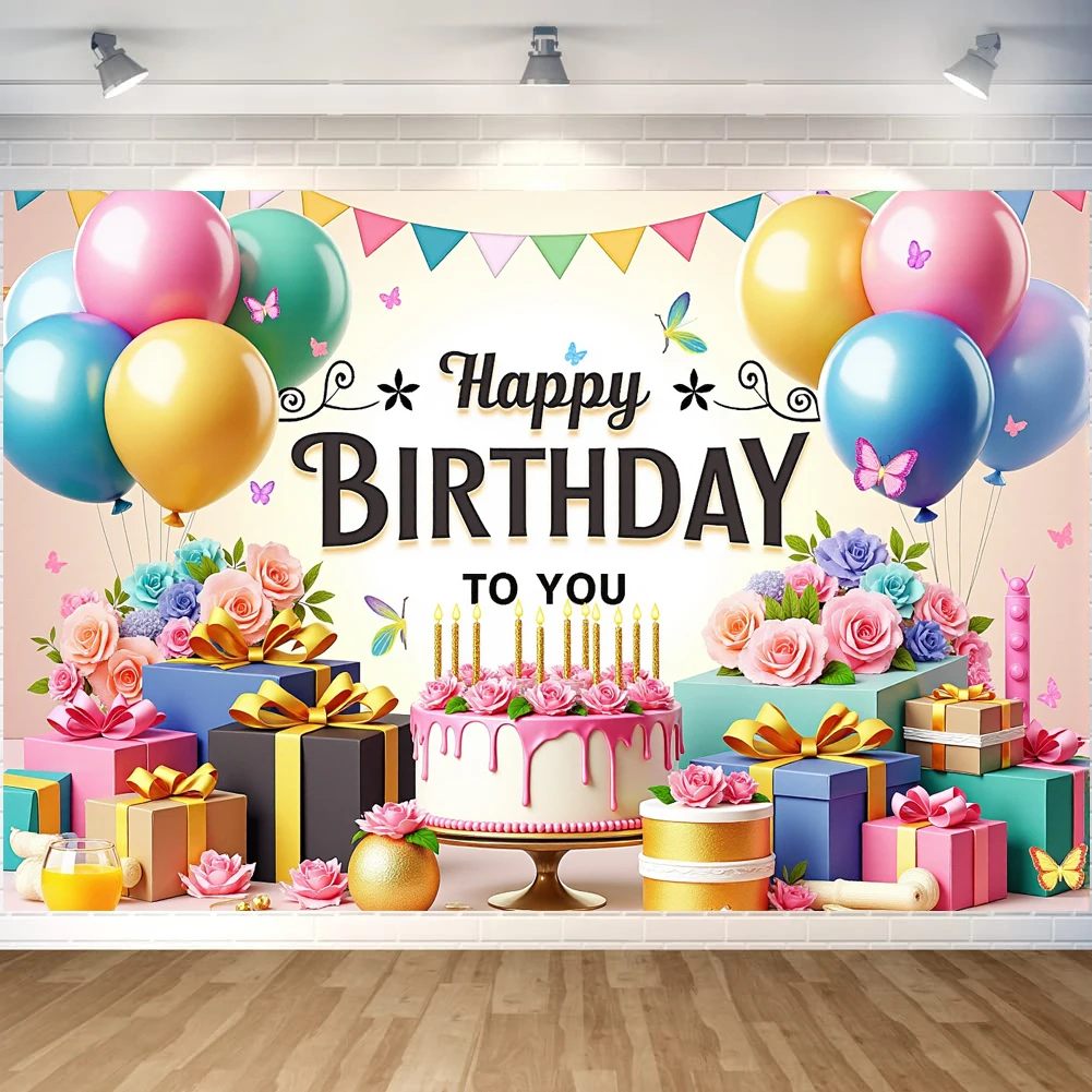 

Happy Birthday Banner Birthday Party Decoration Backdrop Cake Balloon Theme Photography Background Family Poster Photo Studio