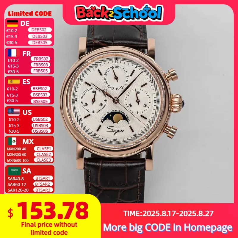 Sugess Pilot-relojes mecánicos con cronógrafo para hombre, resistente al agua, movimiento Original ST1908, calendario de fase lunar, cuello de cisne, 2022