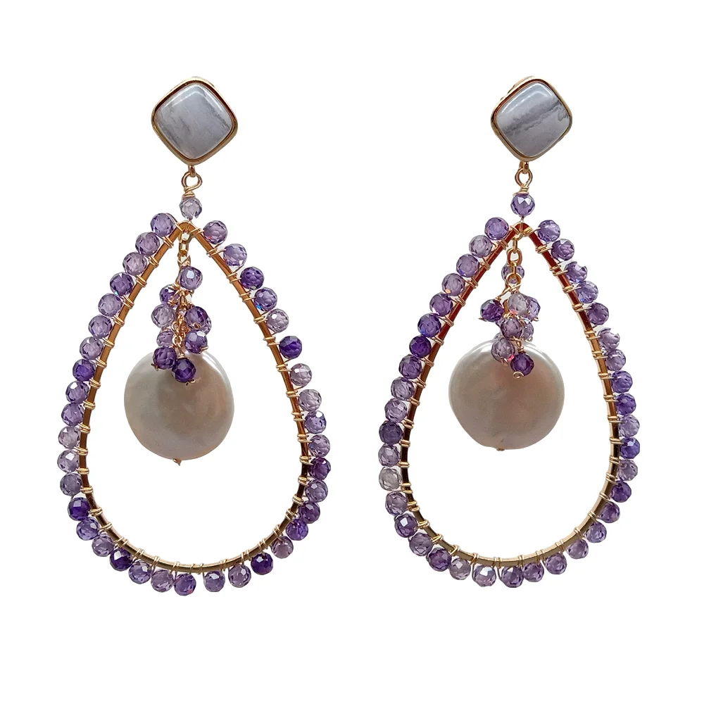 

Y·YING Natural White Coin Pearl Purple Rhinestone Amethyst Blue Lace Agates Dangle Earrings